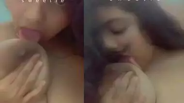 Horny girlfriend playing with her big boobs